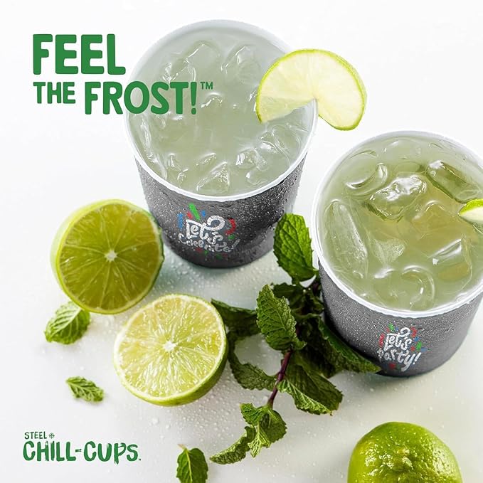 16 oz. Party Cups 'Let's Celebrate Let's Party' Design for Cold Drinks, Durable, Disposable, Recyclable, Made in USA, Gray, 12 Count