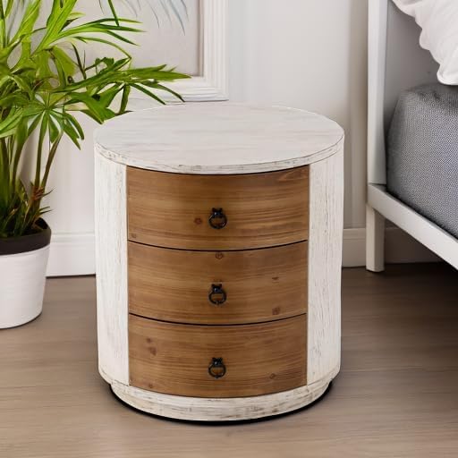 COSIEST 3 Drawer Chest of Drawers, 20 inch MDF Round Storage Cabinet, Retro Whitewash Finish Nightstand, Wood Bedside Table with Drawers for Bedroom Living Room