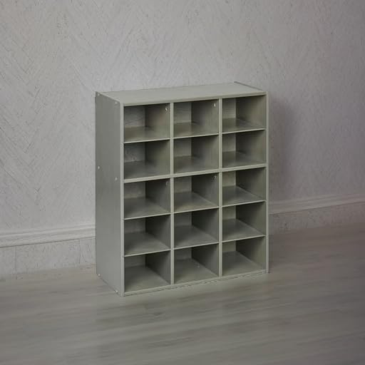 ECR4Kids Streamline 15 Cubby Tray Storage Cabinet, 5x3, Classroom Furniture, Grey Wash