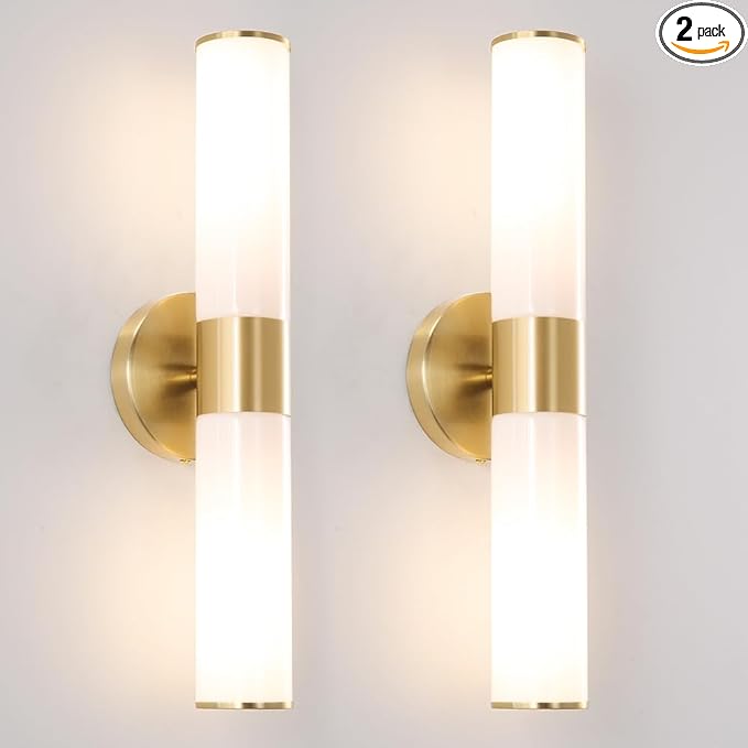 Gold Bathroom Wall Sconces Set of 2, Brass Wall Sconce with Mikly White Glass Shade, Modern Sconces Wall Lighting, Vanity Light Fixtures, Wall Lights for Mirror Living Room Bedroom Hallway Stairs