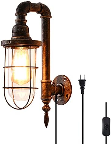 Industrial Plug in Wall Light E26 Base Edison Wire Retro Style Vintage Wall Lights with 5.9Ft Adjustable Plug in Cord Rustic Wall Sconce Fixture for Headboard Bedroom Porch - Cage