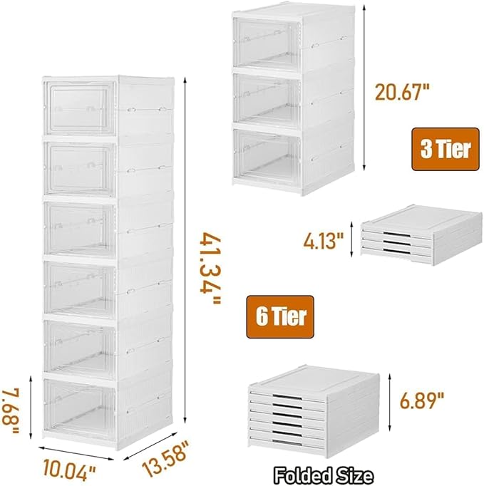 Drop Front Shoe Storage Box, No Assembly Stackable Shoe Organizer Storage Bin with Clear Door, Free Standing Shoe Shelf Cabinet with Lid, Plastic Shoe Rack for Closet Entryway, 6-Tier