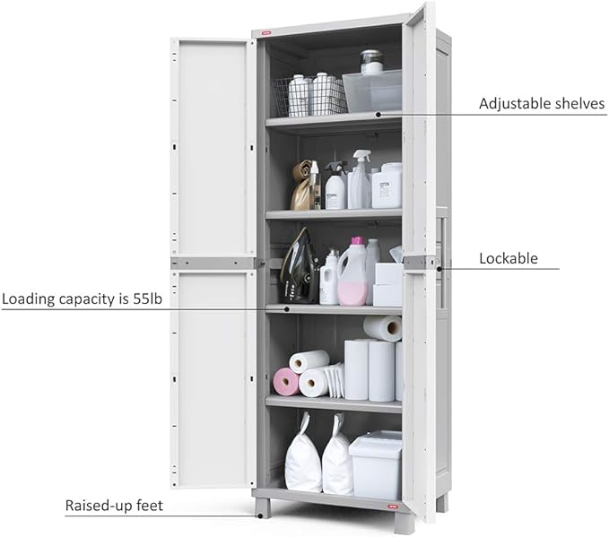 Keter Storage Cabinet with Doors and Shelves for Laundry Room, Garage, Bathroom Accessories, Closet and Home Organization, White & Grey