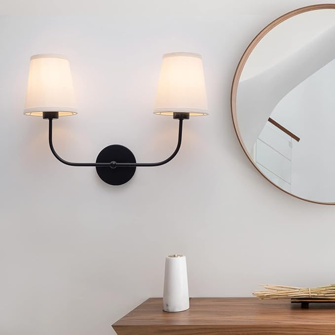 VILUXY Vintage Double Sconce Antique Wall Sconces Bedside Wall Lighting Fixture with Off-White Fabric Shade for Bedroom, Hallway, Entryway, Passway, Bathroom, Vanity 2-Light