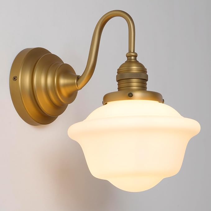 Vintage Wall Sconces Antique Brass Gold Bathroom Vanity Light with Milk Glass Hardwire Wall Sconce Light Lamp for Bathroom Mirror Living Room Bedroom Kitchen Indoor