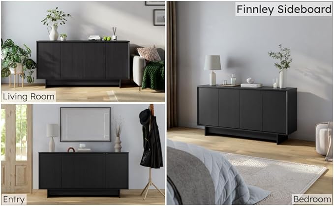 Prepac Finnley 61.5" Wide Sideboard Cabinet, Wood Entryway Sideboard with 2 Adjustable Shelves, Dining Room Buffet with 4 Doors, Living Room Accent Cabinet for Storage and Decorations, Black Oak