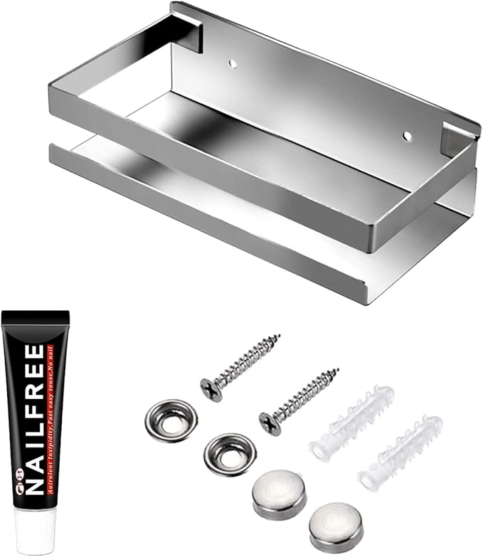 Rustproof Metal Storage Floating Shelves Wall Mounted Rectangular Shelf for Bedroom,Bathroom, Living Room, Kitchen, and Laundry Room,Nail-Free Wall-Mounted Shelves（7.9 Inch Silver）