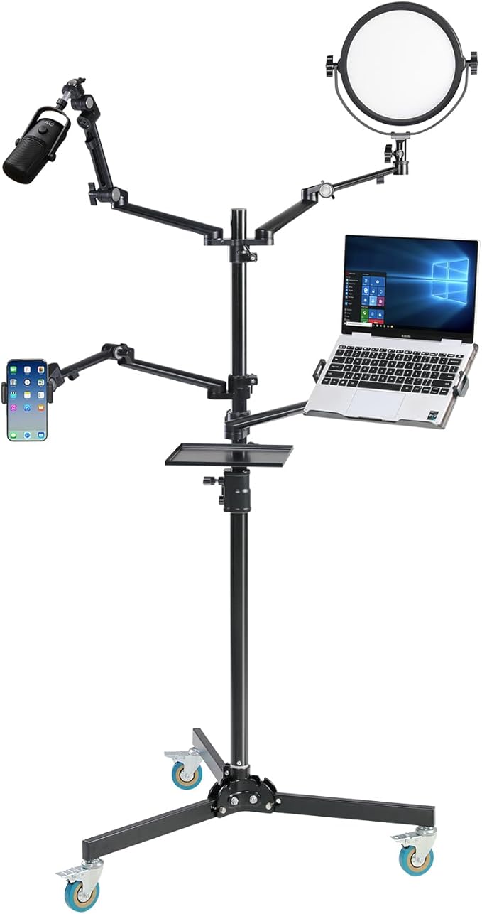 GVM 5-in-1 Movable Live Streaming Floor Stand Kit with Wheels, Overhead Camera Mount with 10" LED Key Light/Mic Boom Arm/Tablet Laptop Phone Stand/Tray for Live Broadcast Podcast Video Recording Game