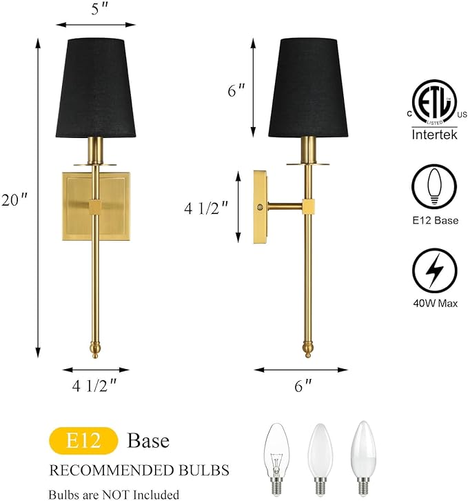 XiNBEi Lighting Wall Sconces Set of 2, Hardwired Brushed Brass Sconce Lighting with Black Fabric Shade Modern Wall Mount Light Fixture for Bathroom Bedroom Living Room Hallway XB-W1307-BS