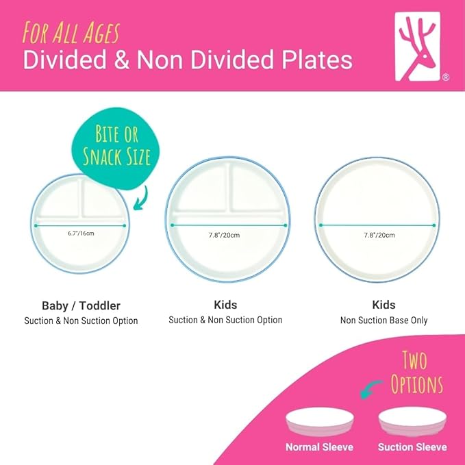 Elk and Friends Kids 7.8” Porcelain White Plates with Silicone Sleeves | Divided Plates | Suitable for Kids/Toddlers | Microwave & Dishwasher Safe | Non Slip | Snack Dishes