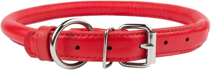 CollarDirect Rolled Leather Dog Collar, Soft Padded Round Puppy Collar, Handmade Genuine Leather Collar Dog Small Large Cat Collars 13 Colors (6-7 Inch, Red Textured)