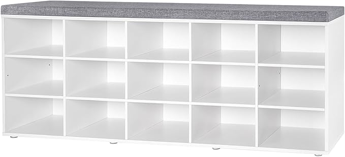DINZI LVJ Shoe Storage Bench with Cushion, 15-Cubby Shoe Rack, Adjustable Shelves, Long Shoe Organizer Bench for Entryway, Mudroom, Hallway, Living Room, Bedroom and Garage, White