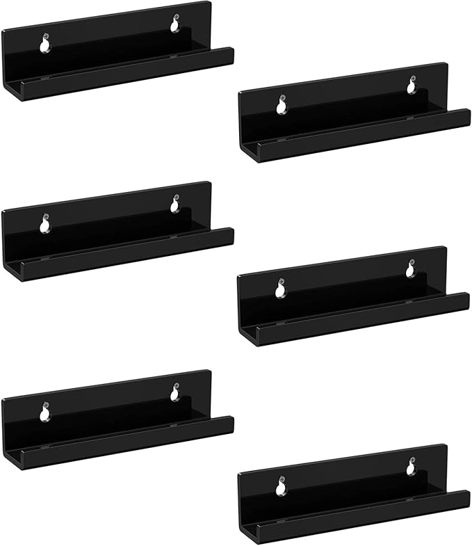 Sooyee 6 Pack 7 Inch Acrylic Invisible Kids Floating Bookshelf for Kids Room,Modern Picture Ledge Display Toy Storage Wall Shelf,Black