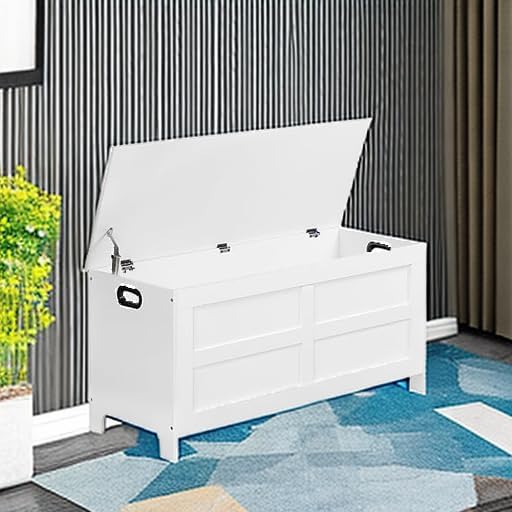 Storage Chest, 39.4” Large Toy Chest, Entryway Storage Trunk, Storage Bench with Safety Hinge, Entrance Bench for Living Room, Entrance, Bedroom, White SCWT48301