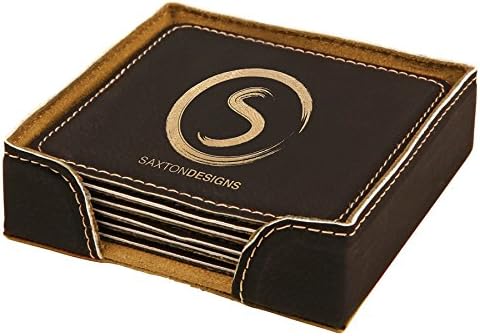 Custom Engraved Coasters | Personalized Leather Coaster | Set of 6 | Drink Coasters with Holder | Laser Engraved | Tabletop Protection | Gift for Couples (Square 4" x 4", Black w/Gold)