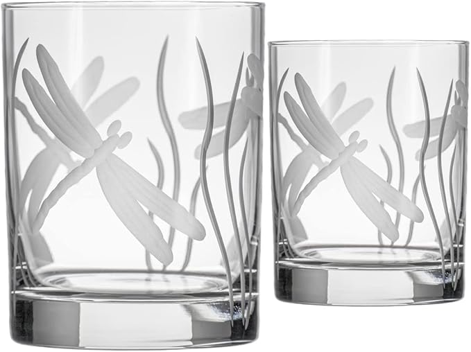Rolf Glass Dragonfly Double Old Fashioned Glass | 13oz Etched Whiskey Tumbler | Set of 2 | Lead-Free Etched Glassware | Made in the USA (Set of 2)