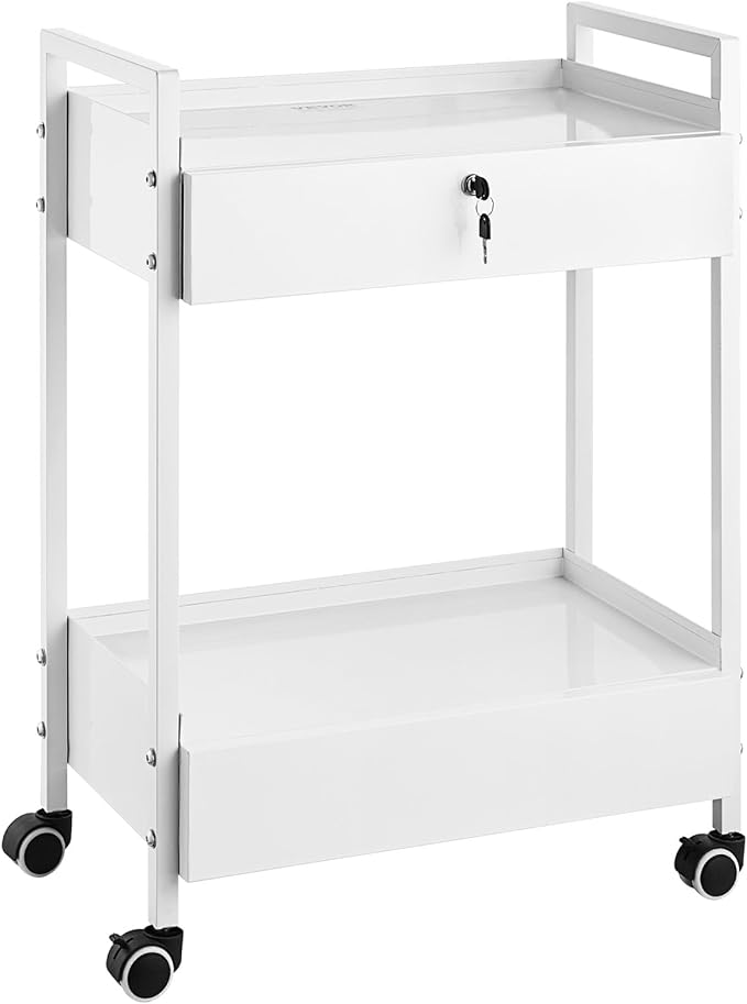 VEVOR Lab Cart, 2 Tiers Stainless Steel Utility Cart, Medical Cart with 2 Drawers, Rolling Lab Cart White Paint, Serving Cart with Swivel Casters for Laboratory, Hospital, Dental, Salon and Beauty