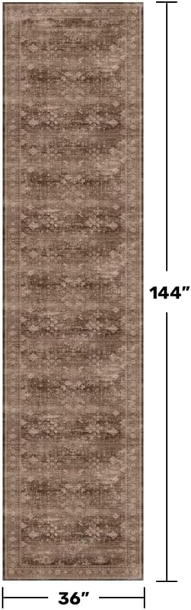 Brown Neutral Boho Washable 3x12 Extra Long Hallway Runner Rug, Waterproof Large Kitchen Floor Rug Indoor, Non-Slip Stain & Fade Resistant, Vintage Dark Earthy Taupe Decor