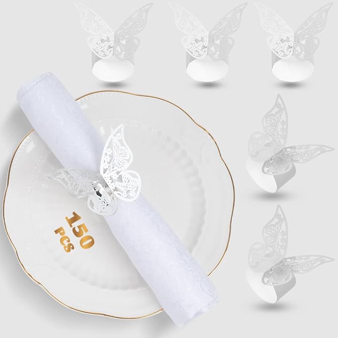 150 Pcs Napkin Rings Laser Cut Butterfly Shape Foil Paper Napkin Holder for Weddings Party Serviette Table Decoration Restaurant (Silver)