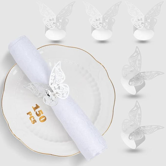 150 Pcs Napkin Rings Laser Cut Butterfly Shape Foil Paper Napkin Holder for Weddings Party Serviette Table Decoration Restaurant (Silver)