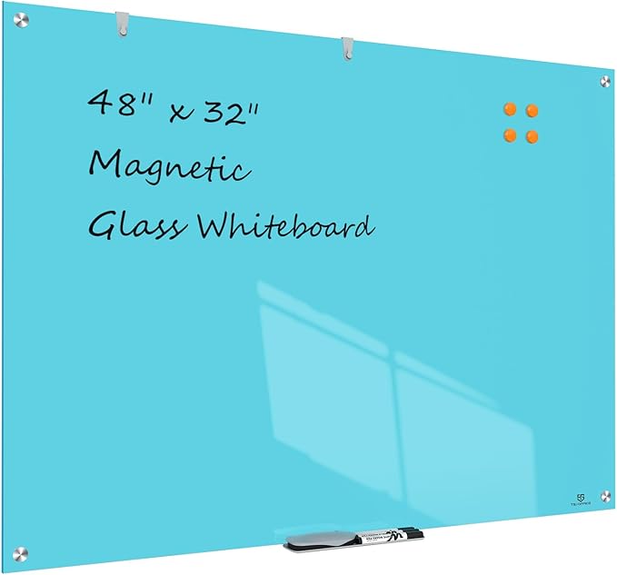 TSJ OFFICE Glass Dry-Erase Board - 48 x 32 Inches Wall Mounted Glass Whiteboard, Large Frameless Magnetic White Board for Office, Home & School, Blue