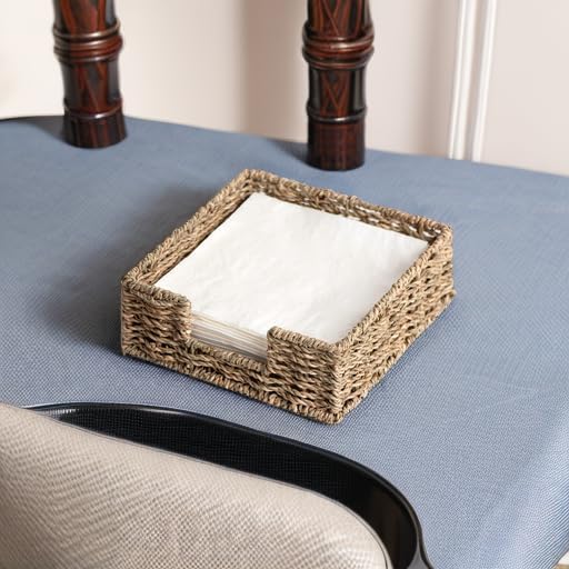 StorageWorks Seagrass Napkin Holder for Table, Wicker Napkin Baskets for Bathroom, Rustic Napkin Dispenser for Dinning Room, Guset Room, 7 ½"L x 7 ½"W x 2 ¾"H, 1 Pack