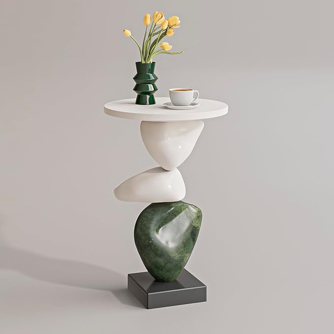 Luxury Coffee Table, Marble Style Side Table with Stacked Pebbles Design, Morden Style Oval Stone End Table for Living Room, Bedroon and Office