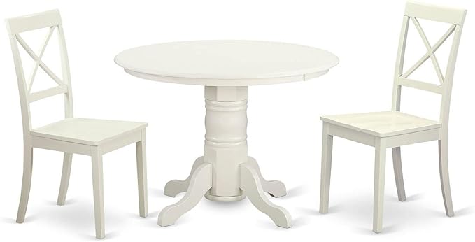 East West Furniture SHBO3-WHI-W 3 Piece Dinette Set for Small Spaces Contains a Round Dining Room Table with Pedestal and 2 Kitchen Dining Chairs, 42x42 Inch, Linen White