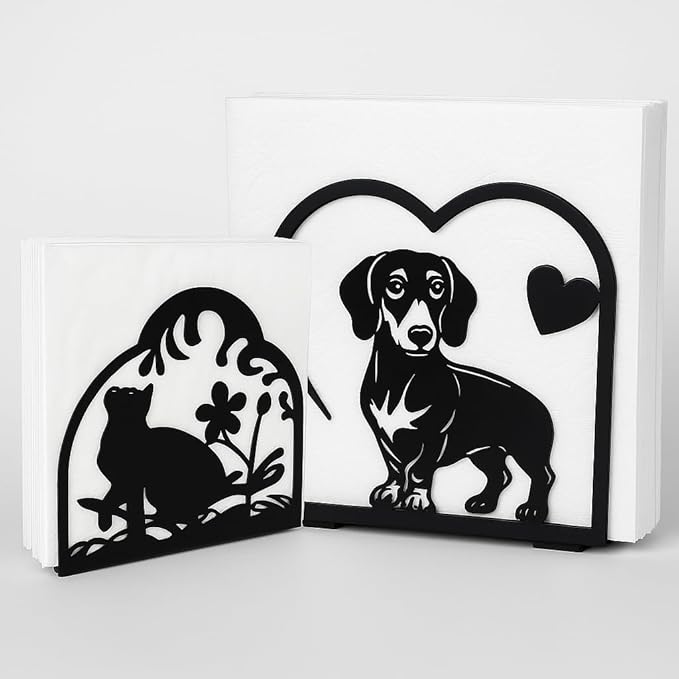 Decorative Cat and Dog Napkin Holder – Metal Napkin Organizer for Everyday & Cocktail Napkins – Cute cat Coffee filter holder size #2 & #4 for Kitchen Table Decor Gift for Animal Lovers 2-Pack