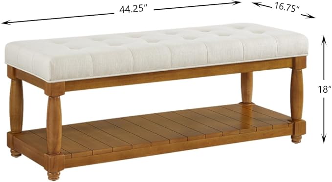 24KF Large Rectangular Upholstered Tufted Bed Bench, Linen Fabric Storage Ottoman Bench for Living Room, Padded Entryway Bench with Solid Wood Shelf,5098-Ivory
