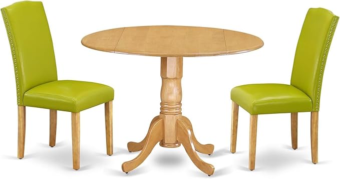 East West Furniture DLEN3-OAK-51 3 Piece Dinette Set for Small Spaces Contains a Round Dining Table with Dropleaf and 2 Autumn Green Faux Leather Upholstered Chairs, 42x42 Inch, Oak