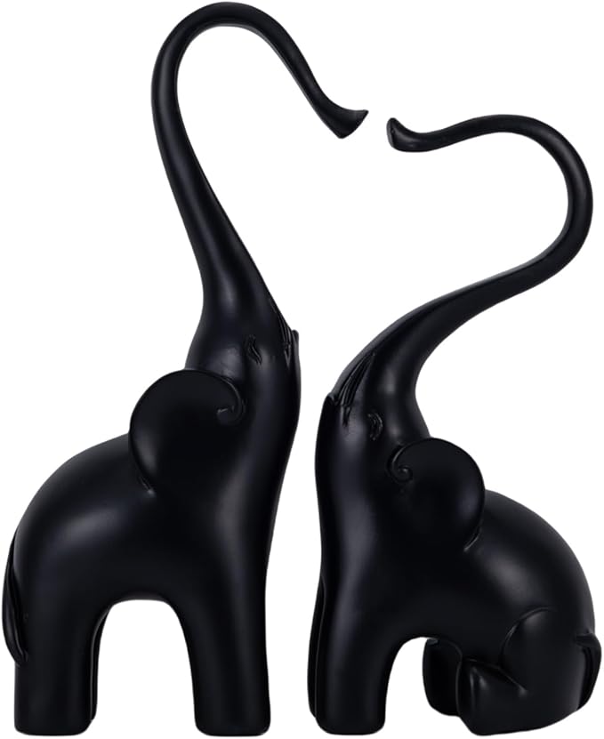 Loving Elephant Statues Home Decor, Small Black Elephant Figurines in Love, Elephant Sculpture Heart Decorative Objects for Bookshelf Decor