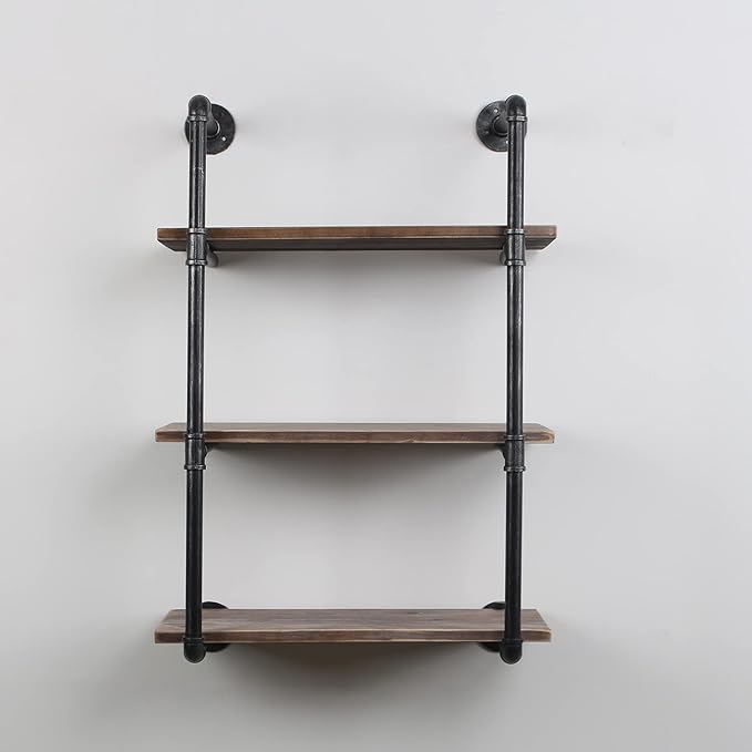 MBQQ Industrial Pipe Shelving Wall Mounted,24in Rustic Metal Floating Shelves,Steampunk Real Wood Book Shelves,Wall Shelf Unit Bookshelf Hanging Wall Shelves,Farmhouse Kitchen Bar Shelving(3 Tier)
