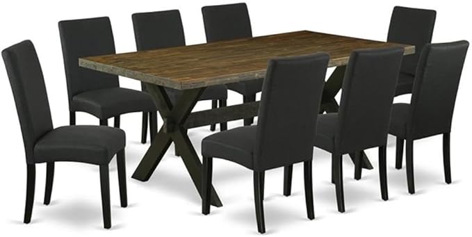 East West Furniture X677DR124-9 9 Piece Dining Room Table Set Includes a Rectangle Kitchen Table with X-Legs and 8 Black Color Linen Fabric Parson Dining Chairs, 40x72 Inch, Multi-Color