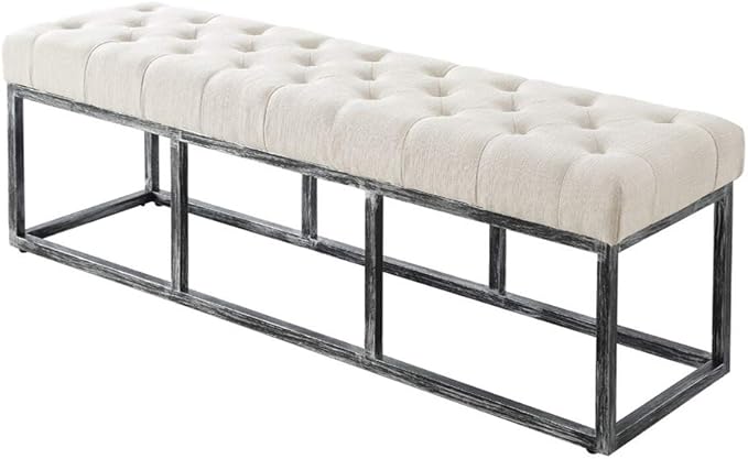 24KF Upholstered Tufted Long Bench with Metal Frame Leg, Linen Bench Ottoman with Padded Seat-Ivory