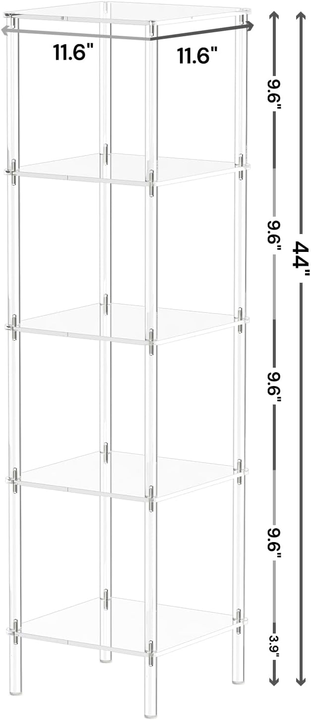 5 Tier Square Acrylic Bookshelf, Small Bookcase with Acrylic Fittings for Fixing to Wall, Corner Display Shelf for Living Room, Bedroom, Bathroom, Small Spaces, Clear, 11.6'' W x 44'' H