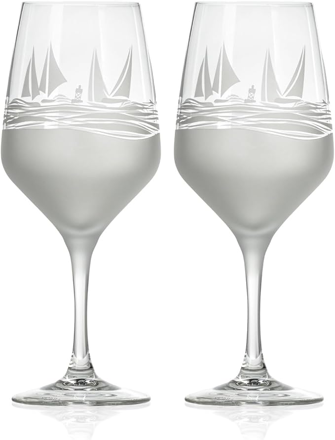 Rolf Glass | Regatta All Purpose Stemmed Wine Glass 19.5 Ounce | Set of 2 | Lead-free Glassware | Elegant Engraved Wine Glass Set | Nautical Sailboat Design
