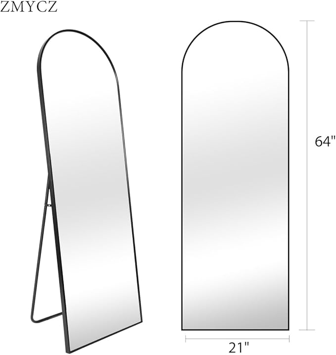 Floor Mirror, 64"x21" Black Full Length Mirror, Arched Mirrors Full Length, Freestanding Mirrors, Arch Floor Length Mirror with Thin Aluminum Frame Hanging or Leaning, Wall Mounted Mirror for Bedroom