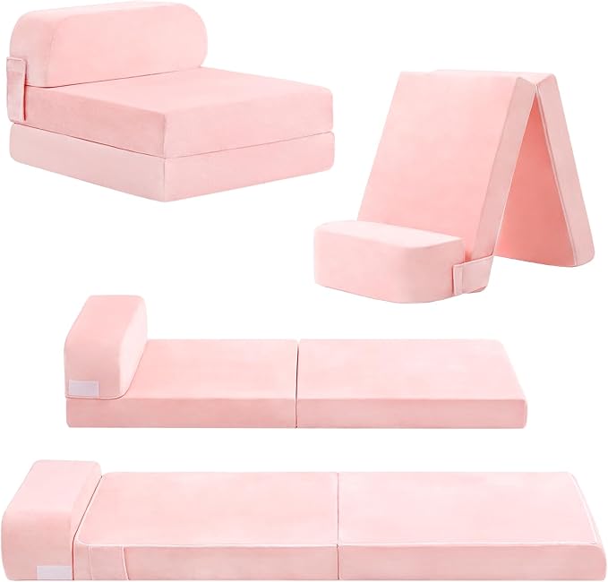 Tiita Folding Sofa Bed for Kids, Toddler Fold Out Couch with Removable Cover, Futon Sleeper Chair for Living Room, Guest Room, Pink