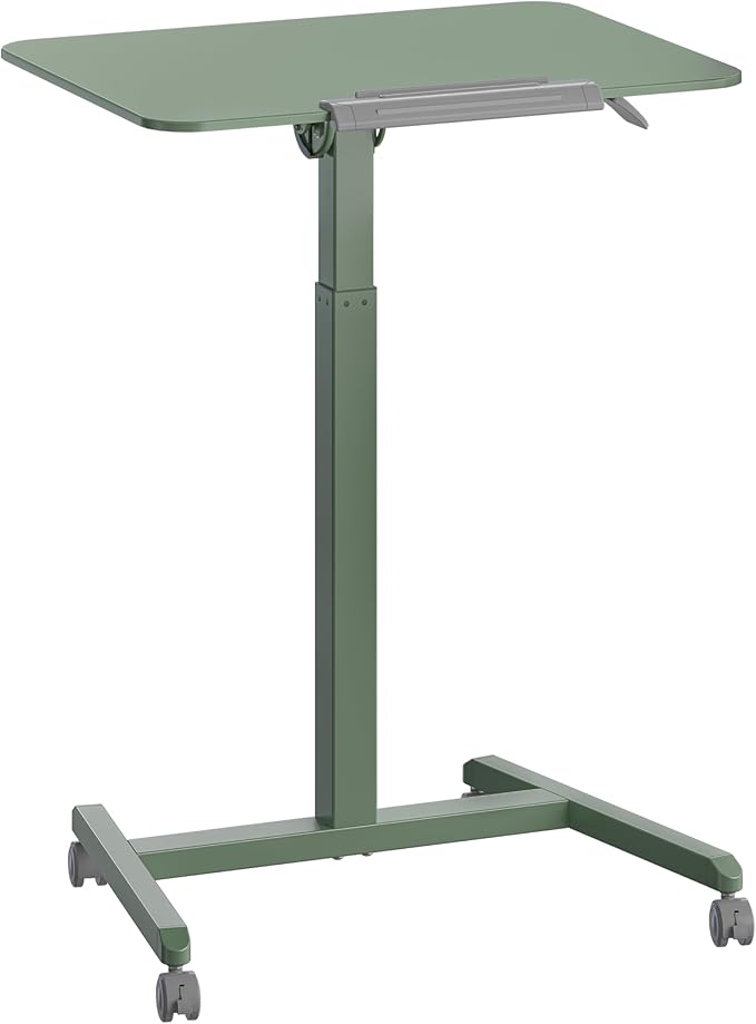Seville Classics Airlift Height Adjustable Pneumatic Laptop Sit Stand Desk Mobile Rolling Cart, Computer Workstation for Home Office, Classroom, Sage Green, 25.6" Tilting Desktop