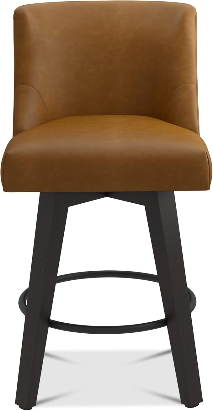 Bar Stools Set of 2, 26" H Counter Height Swivel Bar Stools, Upholstered Kitchen Island Counter Stools with Back and Solid Wood Legs, Faux Leather in Rustic Brown
