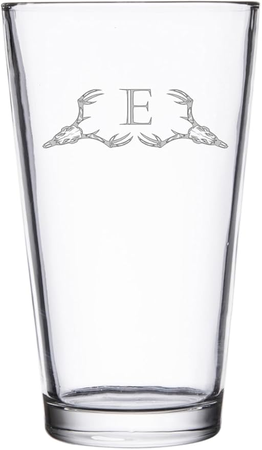 Hat Shark Deer Skull Letter Monogram Pint Beer Glass, 16 oz, Clear, A-Z Initials (1, Letter E)