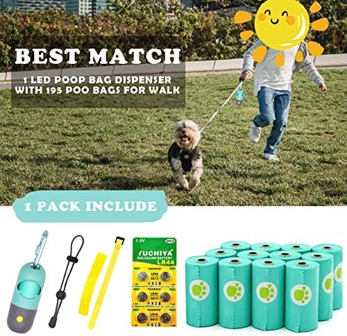Dog Poop Bags Holder with LED Flashlight|Pet Waste Bags Dispenser for Leash|Doggie Potty Bags Container with Leak-proof Pet Trash Bags and Accessories (1 Holder 195 Bags, Crystal Blue)