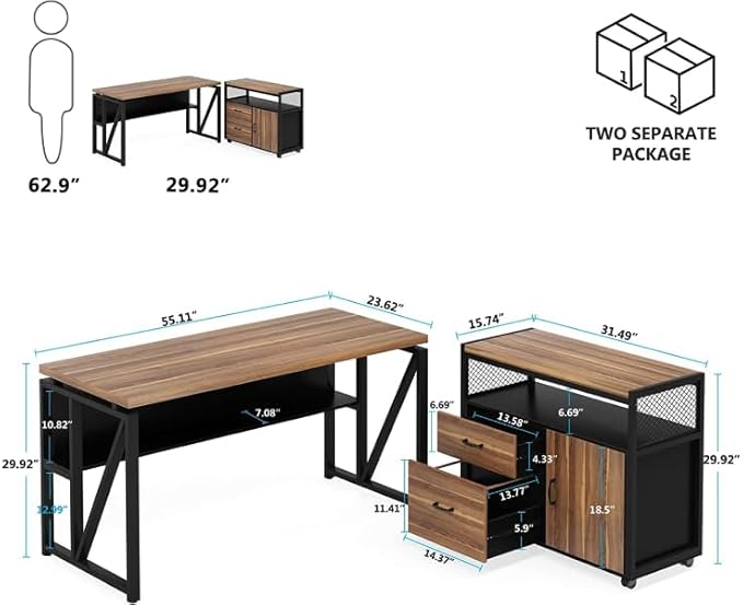 Tribesigns 55" Executive Desk with Reversible File Cabinet, Large L-Shaped Office Desk with Drawers, Business Furniture Workstation for Home Office (Dark Walnut, 55-inch)
