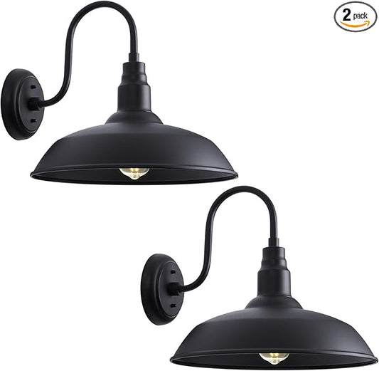 16 Inch Gooseneck Light Fixture for Barn Door, 2 Pack Large Barn Lights for Front Porch, Black Outdoor Farmhouse Light with Goose Neck Arm, Exterior Wall Dome Lighting for House Garage
