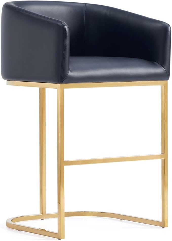 Manhattan Comfort Louvre 26 Inch Mid Century Modern Counter Height Bar Stools - Elegant Faux Leather Padded Seat, Stainless Steel Base with Footrest, Fully Assembled Barstools, Set of 1, Black & Gold