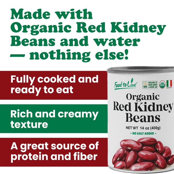 Food to Live Organic Italian Red Kidney Beans, 14 oz (Pack of 2) ??Unsalted, Non-GMO, Vegan. Ready to Eat. Perfect for Salads, Soups, Pasta e Fagioli. Wholesale