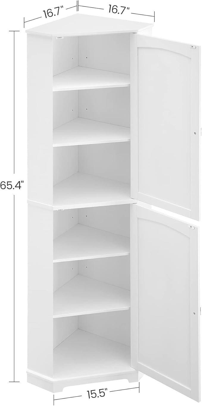 VASAGLE Corner Cabinet, Tall Corner Storage Cabinet with 2 Doors and 4 Adjustable Shelves, for Bathroom Kitchen Living Room, Modern Farmhouse Design, White UBBC541P31