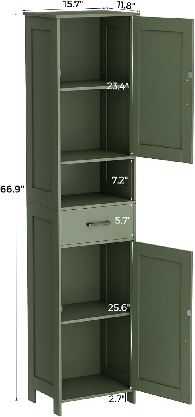 Homhedy 67" H Tall Bathroom Storage Cabinet with 2 Barn Doors and 1 Drawer, Narrow Storage Unit, Adjustable Shelves, Floor Cabinet for Bathroom, Living Room, Entryway, Kitchen, Green, (15.7" W)