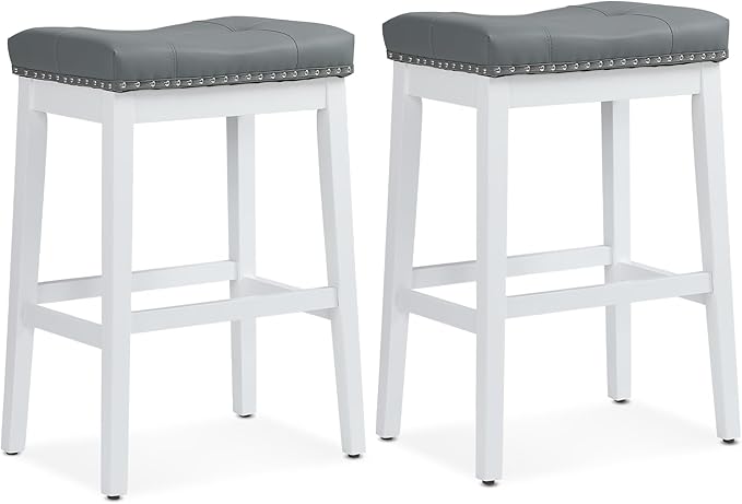 Athena Collection Counter Height Bar Stools Set of 2, 29.5 Inches Backless Saddle Bar Stools with Leather Upholstered and Nailhead Trim, Barstools for Counter, Kitchen Island, Dining Room, Grey
